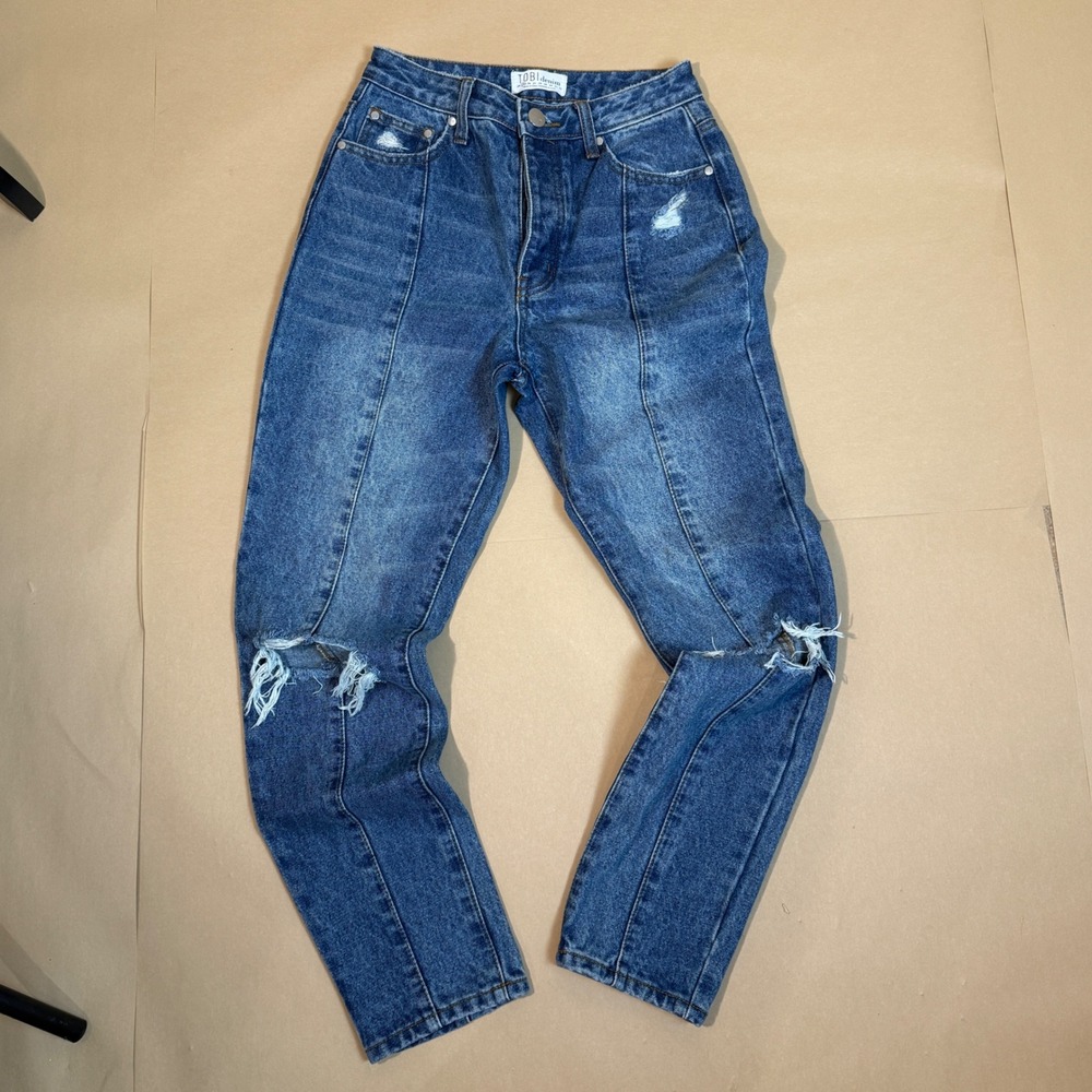 TOBI Denim Ripped Knee Jeans High Waist Button Fly‎ Dark Wash Womens Size 25